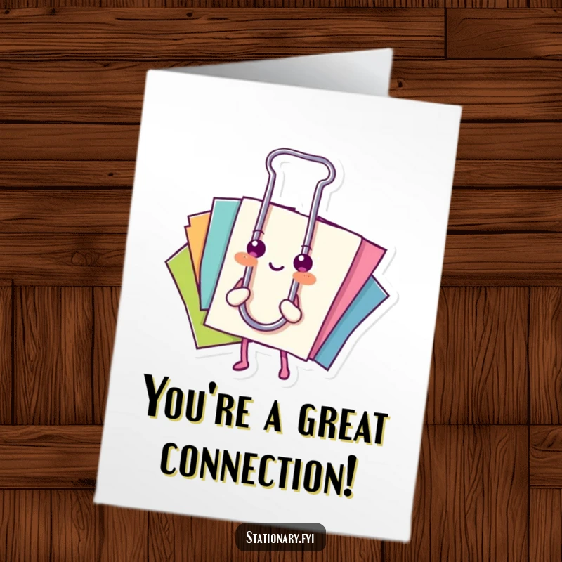 Funny Free Printable Congratulations Card: A happy paperclip clasps colorful papers, symbolizing organization and success. Downloadable art.