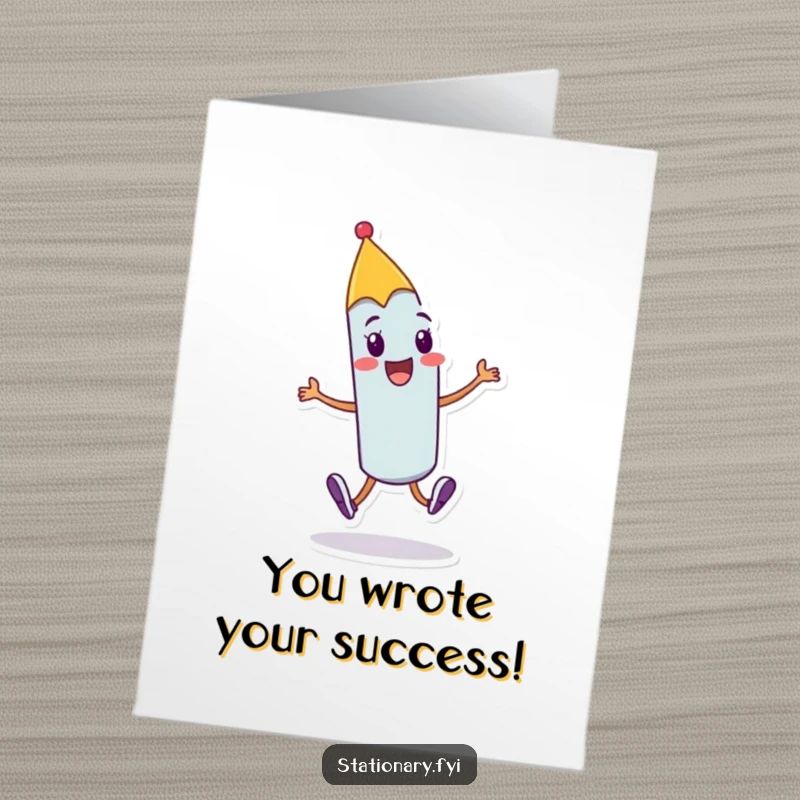 Funny Free Printable Congratulations Card: A cheerful pen character skips joyfully, celebrating success with a humorous flourish.