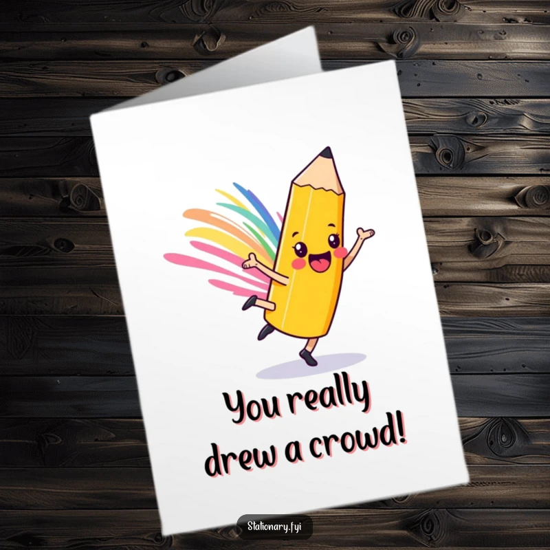Free Printable Pencil Congratulations Card: A playful pencil character cartwheeling with a colorful streak to celebrate their win.