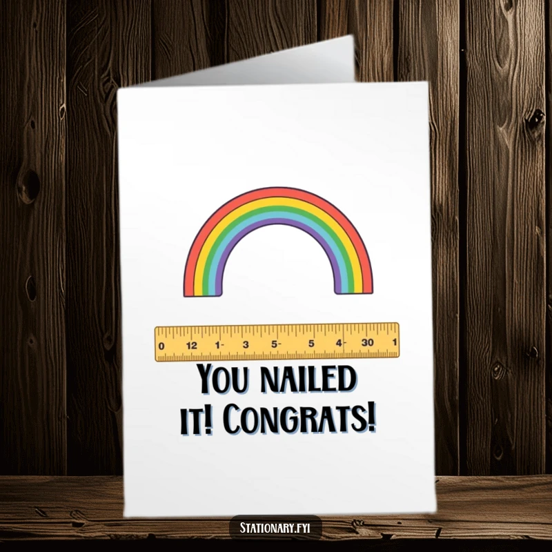 Funny Free Printable Congratulations Card: A playful ruler meticulously measures a rainbow arc, celebrating achievements with precision. Downloadable art.