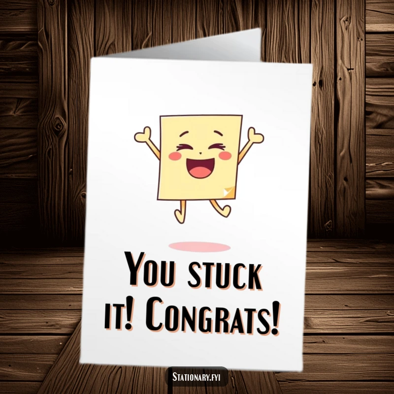 Funny Free Printable Congratulations Card: A cheerful sticky note doing a happy jump, symbolizing exciting achievements and good news.