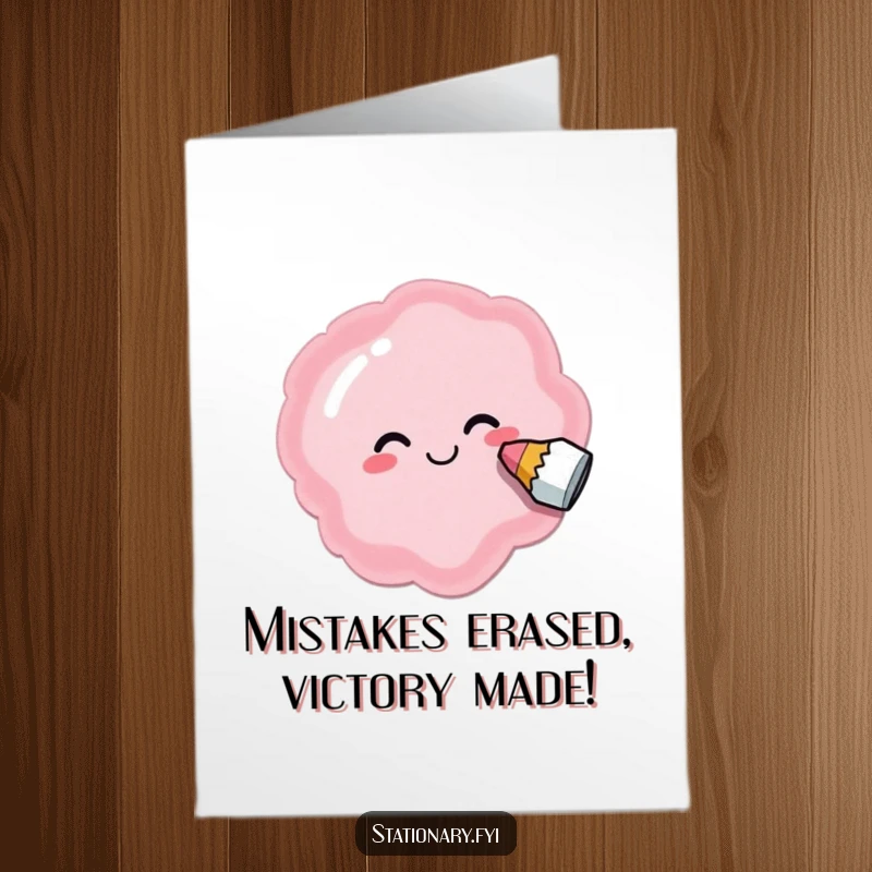 Funny Free Printable Congratulations Card: A delighted eraser playfully smudges a silly shape, marking a fun milestone.