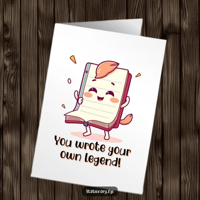 Funny free printable congratulations card depicting a thrilled notebook character rapidly flipping its pages in celebration of an achievement.