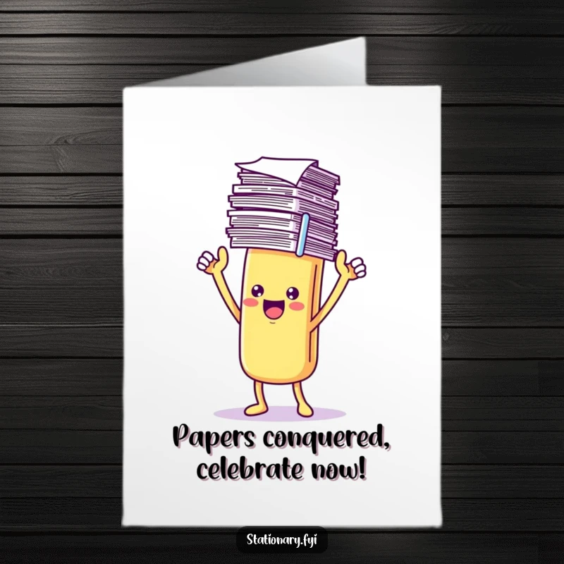 Funny Free Printable Congratulations Card showing a delighted Kawaii paperclip character triumphantly holding a stack of documents, celebrating success.