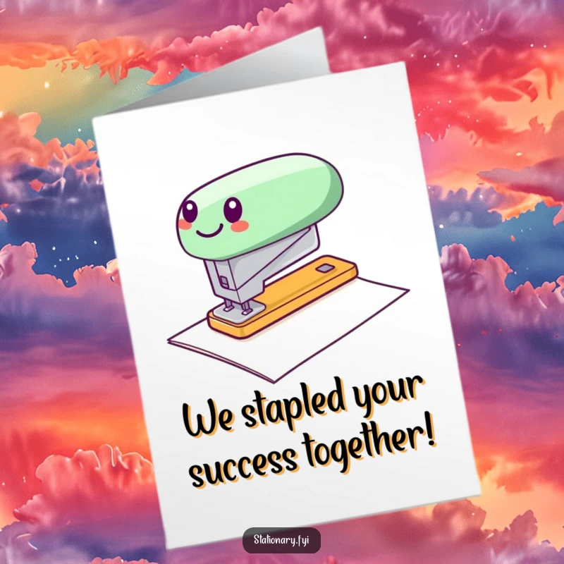 Funny Free Printable Congratulations Card featuring a cheerful stapler in mid-zip across paper, conveying speedy success and good vibes.