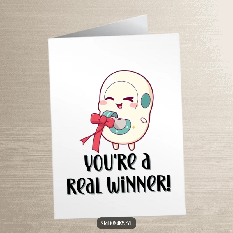 Funny free printable congratulations card showing a winking tape dispenser character unfurling a celebratory ribbon with a mischievous grin.