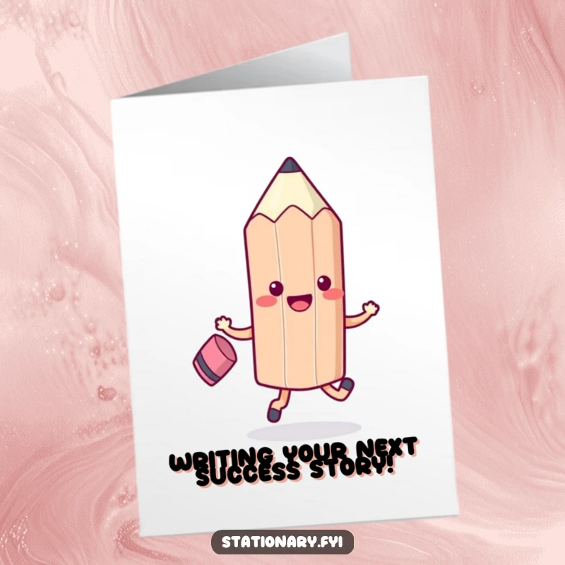 Funny Free Printable Congrats Card: A happy Kawaii pencil and eraser celebrate your fantastic achievement. Print it now!