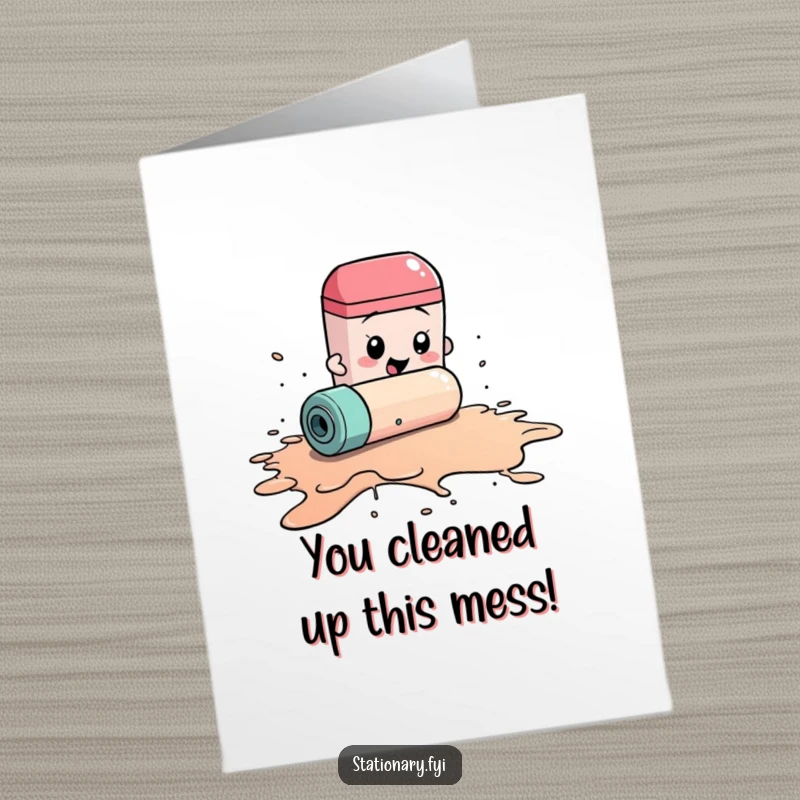 Free printable congratulations card: a frantic eraser tackles a huge ink spill, a humorous downloadable gift for triumphant moments.