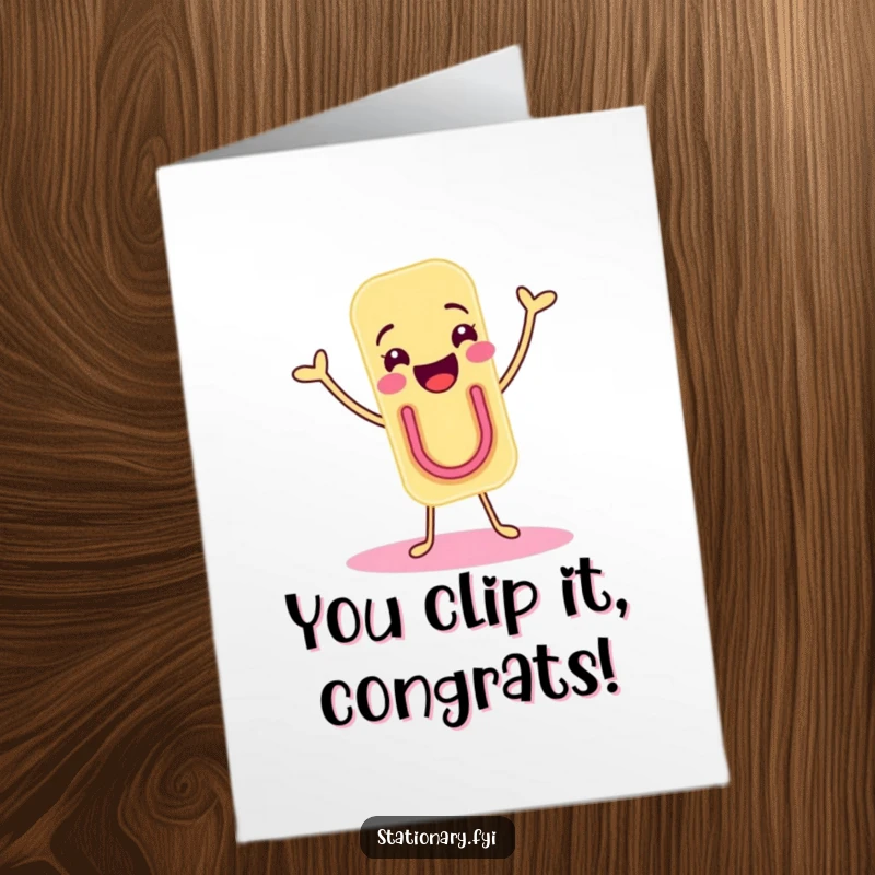 Funny Free Printable Congratulations Card: Lively paper clip character doing a happy shimmy, celebrating success.