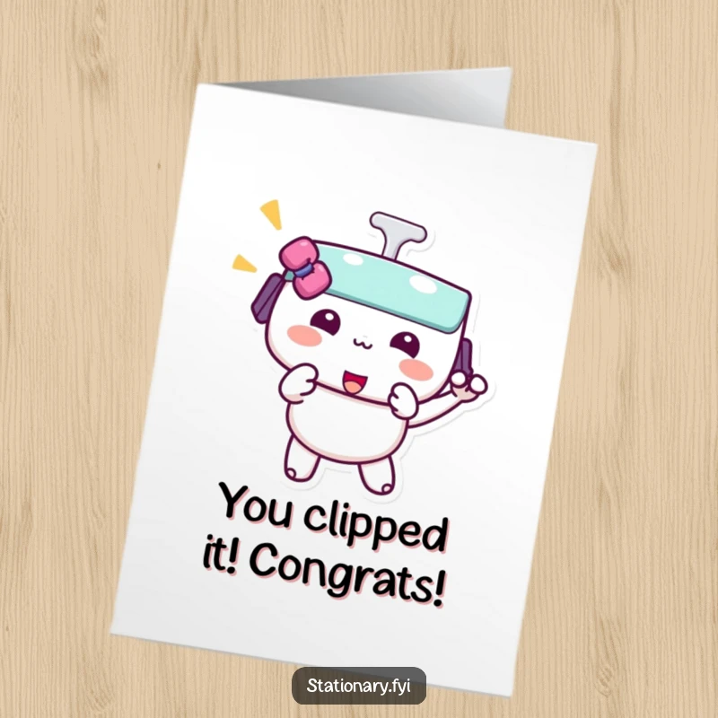 Free Printable Congratulations Card: A kawaii binder clip character makes a playful pinch, symbolizing holding onto great achievements.