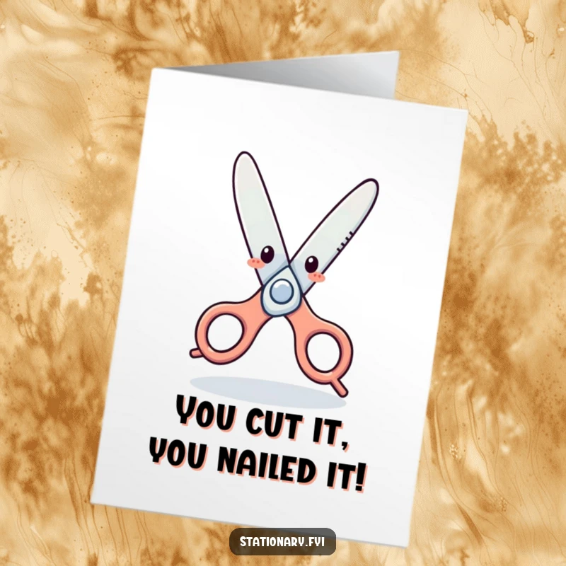 Funny Free Printable Congratulations Card: Silly dancing scissors celebrating an achievement with a comical, upbeat jig.