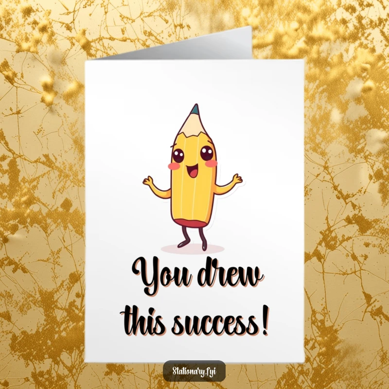 Funny Free Printable Congratulations Card featuring a cheerful pencil mid-jig, celebrating success with glee.