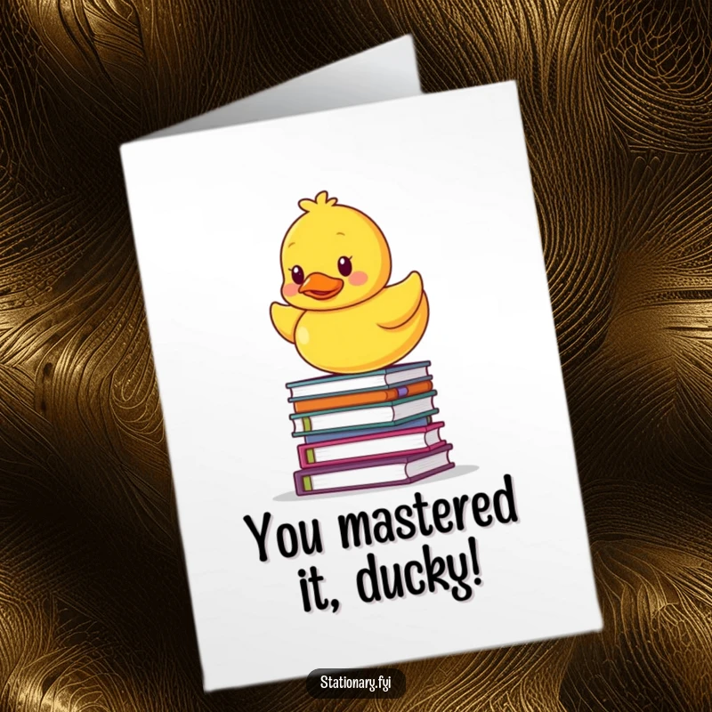 Funny Free Printable Congratulations Card: A rubber ducky wobbles bravely atop a precarious stack of academic notebooks.