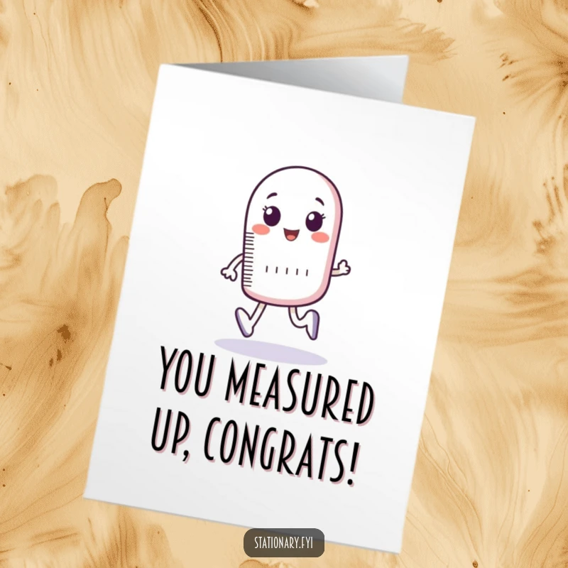 Funny Free Printable Congratulations Card: Energetic ruler character measuring imaginary footsteps, celebrating a big win.
