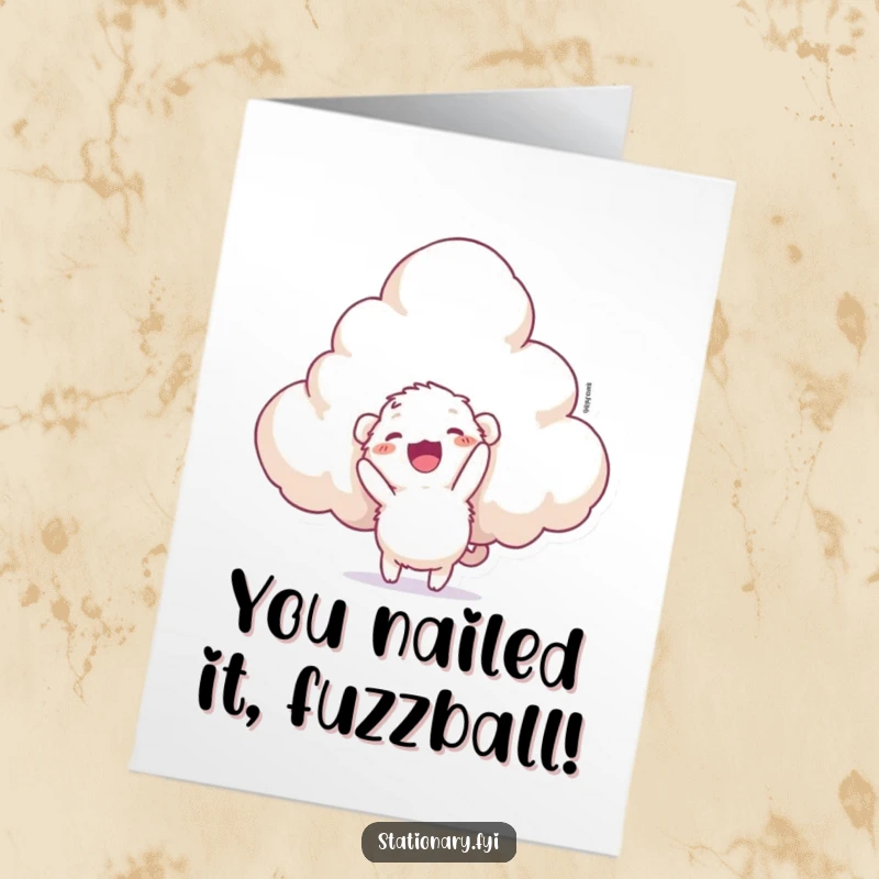 Funny Free Printable Congratulations Card: A small, fuzzy creature hilariously attempts to staple a massive cloud, celebrating big wins.