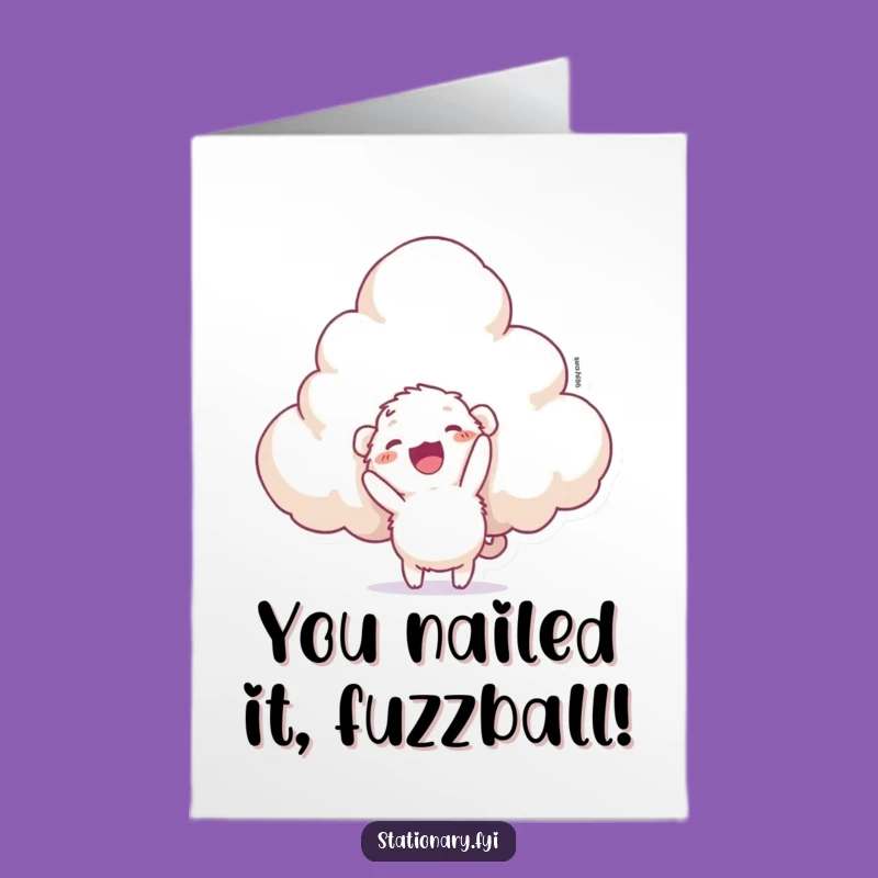 Free Printable Congrats Card: Fuzzy Creature Stapling Cloud, Achievement Humor Downloadable