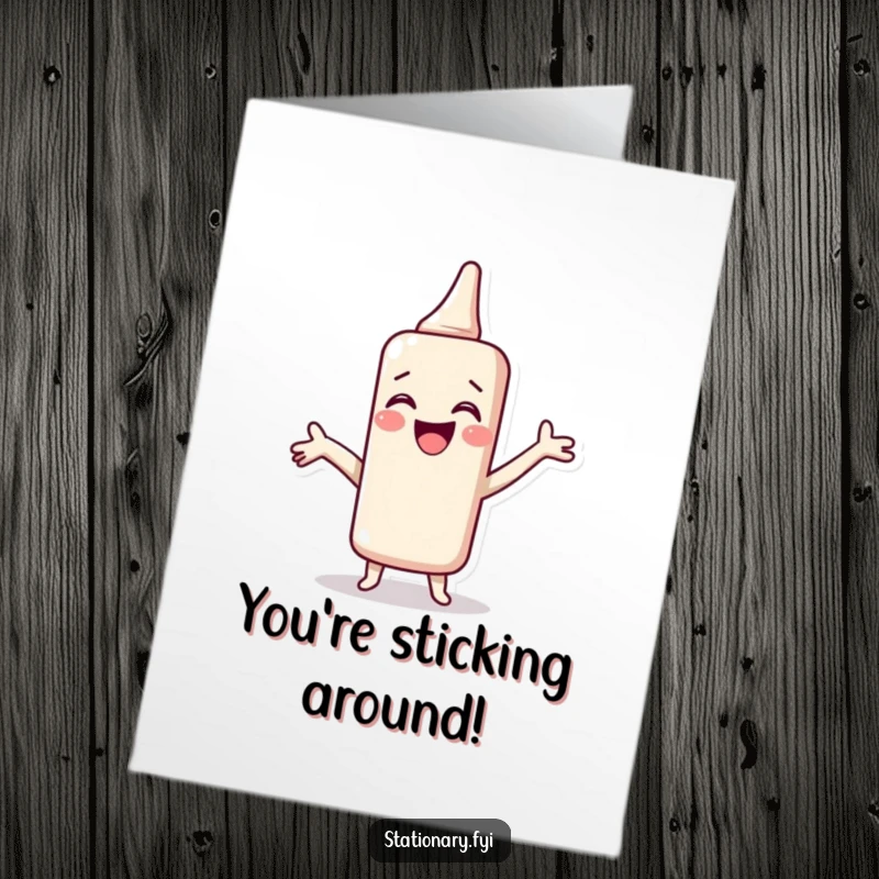 Funny Free Printable Congratulations Card with a giggling glue stick happily spreading adhesive joy.