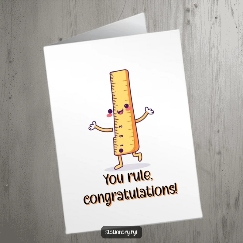 Funny Free Printable Congratulations Card: A ruler character with a straight happy pose, dancing to celebrate an achievement.