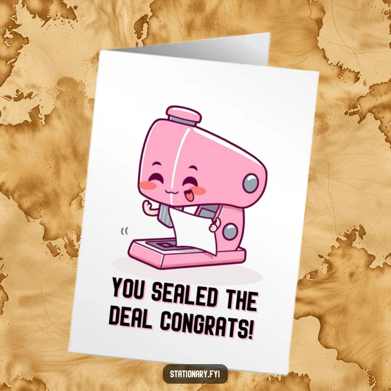 Funny Free Printable Congratulations Card showing a giddy stapler character energetically zapping paper, signifying accomplishment.