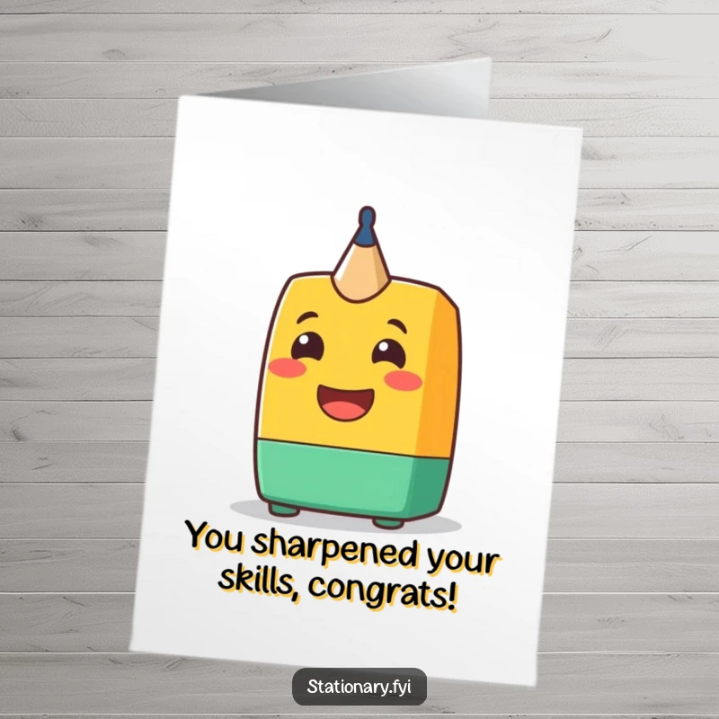 Funny Free Printable Congratulations Card: A cheerful pencil sharpener character displaying a big, friendly grin for an achievement.