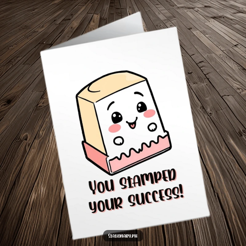 Free printable congratulations card: a cheerful stamp enthusiastically applies a wobbly line, a humorous downloadable gift.