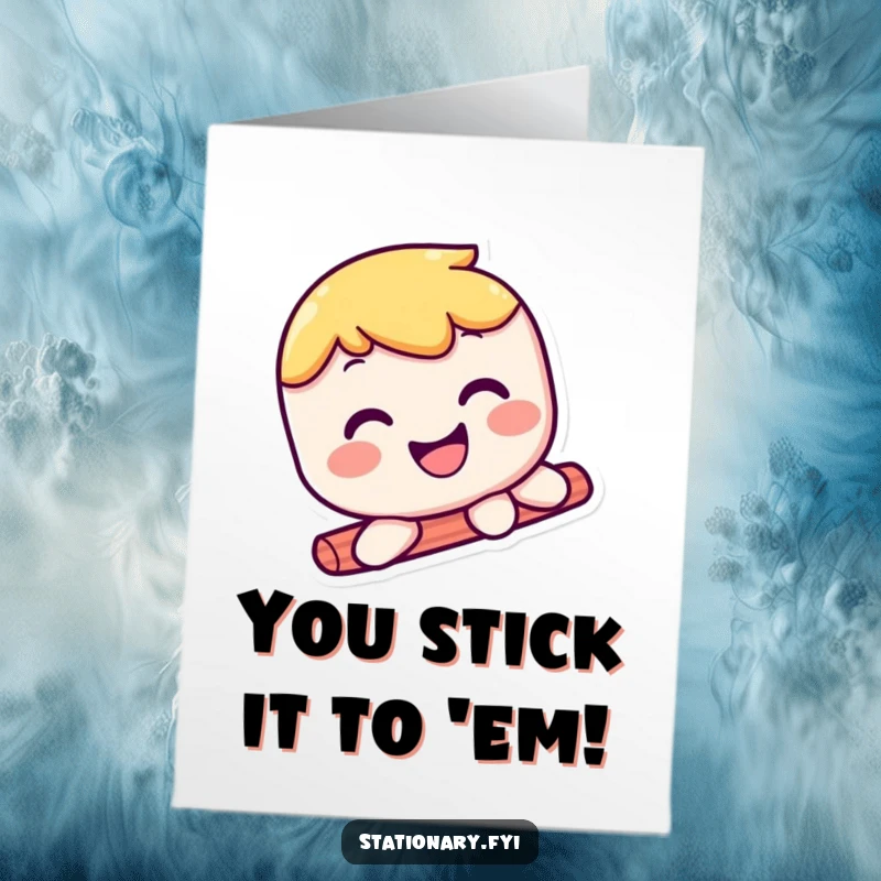 Free Printable Congratulations Card: A kawaii glue stick character glides effortlessly with a wide, happy grin, celebrating your success.