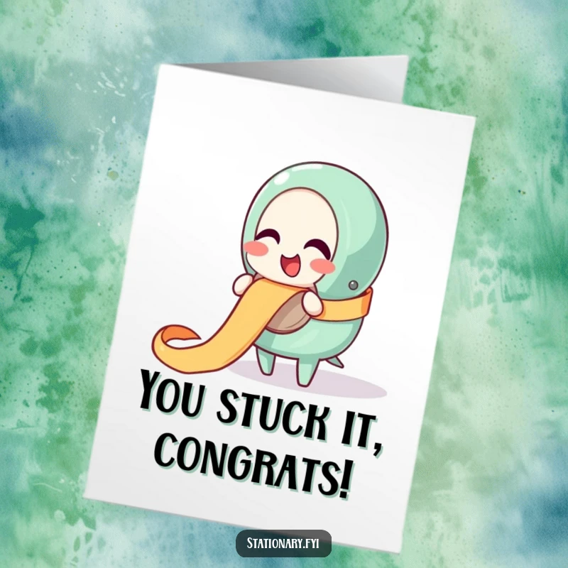 Funny Free Printable Congratulations Card: Giggling tape dispenser unraveling a happy ribbon, celebrating achievements.