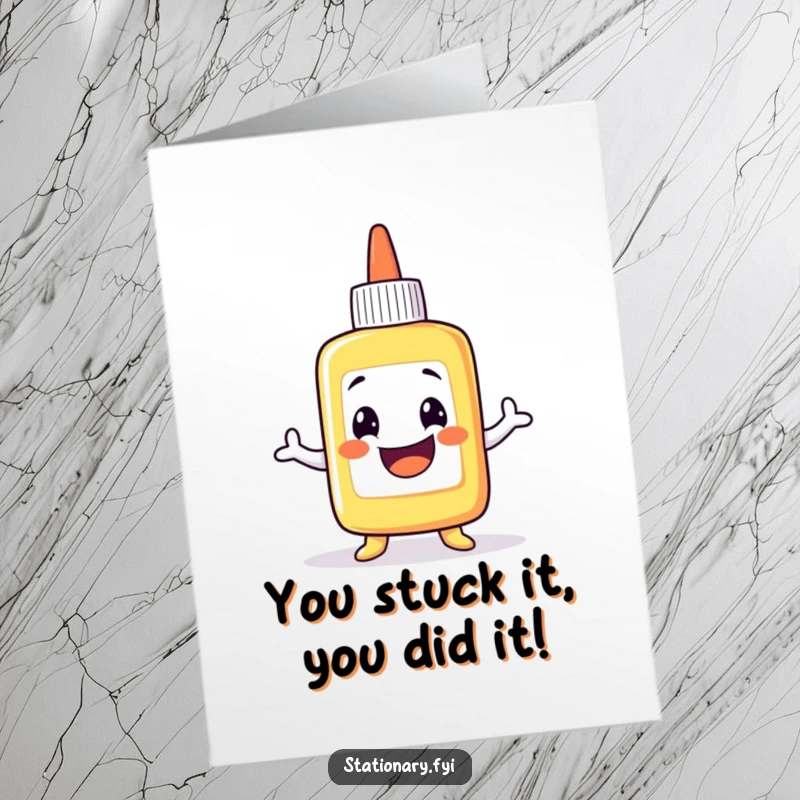 Funny Free Printable Congratulations Card: A grinning glue bottle character doing a hilarious sticky wobble to mark success.