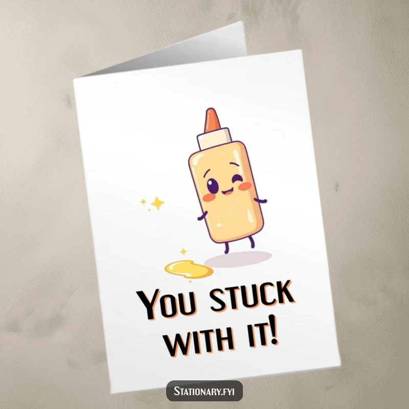 Funny Free Printable Glue Stick Congratulations Card: Giggling glue stick leaves sparkling trail, celebrating success.