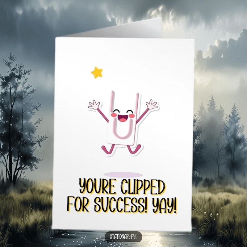 Funny Free Printable Paperclip Congratulations Card, an excited paperclip character jumping high to celebrate a success.