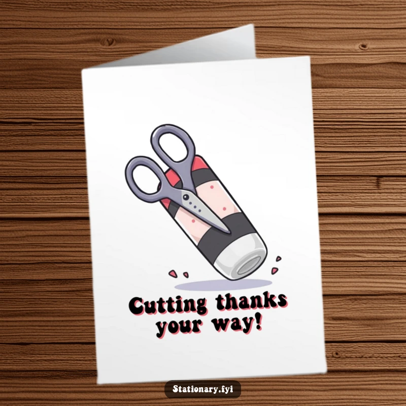 Funny Free Printable Thank You Card: Scissors comically attempting to cut a giant, rubbery eraser with funny determination.