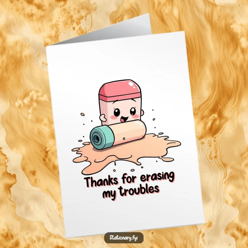 Funny free printable thank you card: a determined eraser cleans a gigantic ink spill, a thoughtful downloadable gift.