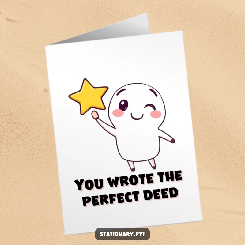 Funny Free Printable Pen Thank You Card: Happy character drawing a smiling star, showing thanks. Downloadable.