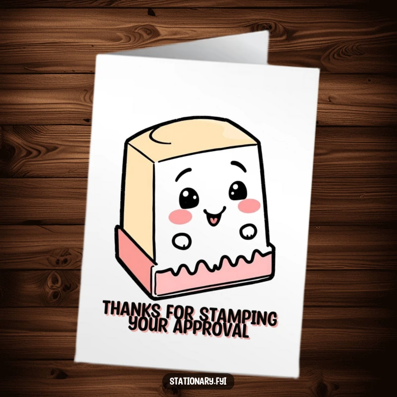 Funny free printable thank you card: a cheerful rubber stamp inks a shaky line, a charming downloadable gift.