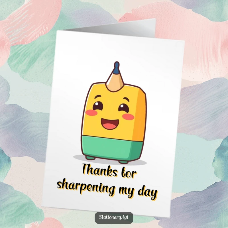 Funny Free Printable Thank You Card: A cheerful pencil sharpener character with a big grin, conveying thanks humorously.