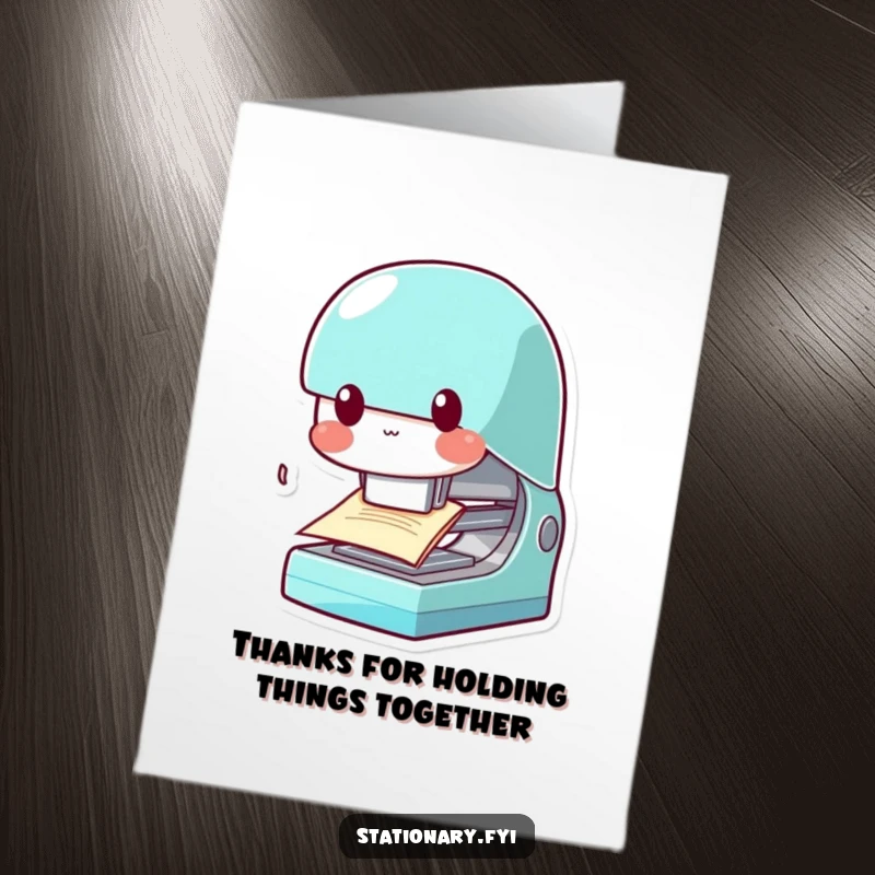 Funny Free Printable Thank You Card: A kawaii stapler character playfully chomps paper, delivering a humorous and memorable thank you.