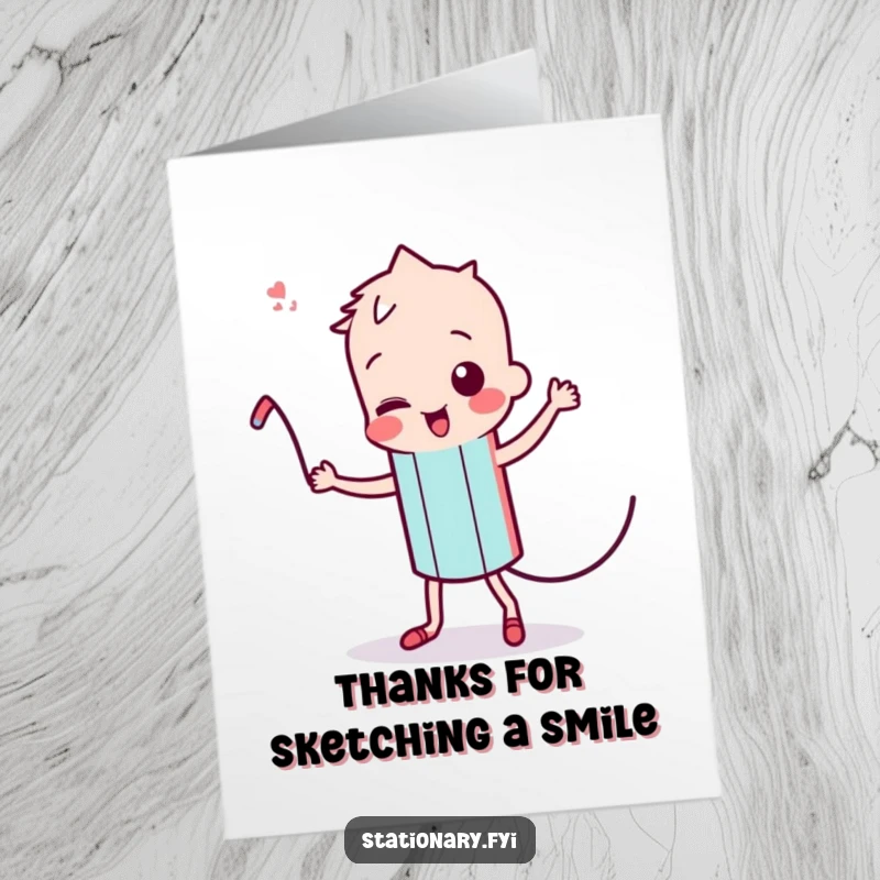 Funny Free Printable Thank You Card: A kawaii pencil character does a silly, energetic dance, making your thanks memorable and humorous.