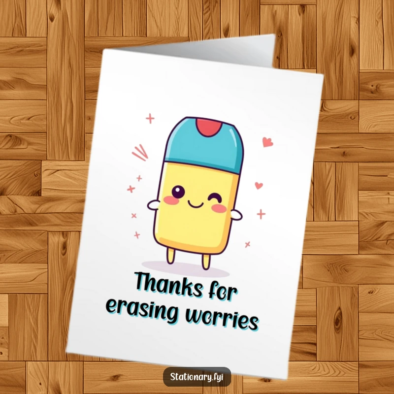 Funny Free Printable Thank You Card with a happy eraser gleefully erasing silly scribbles.