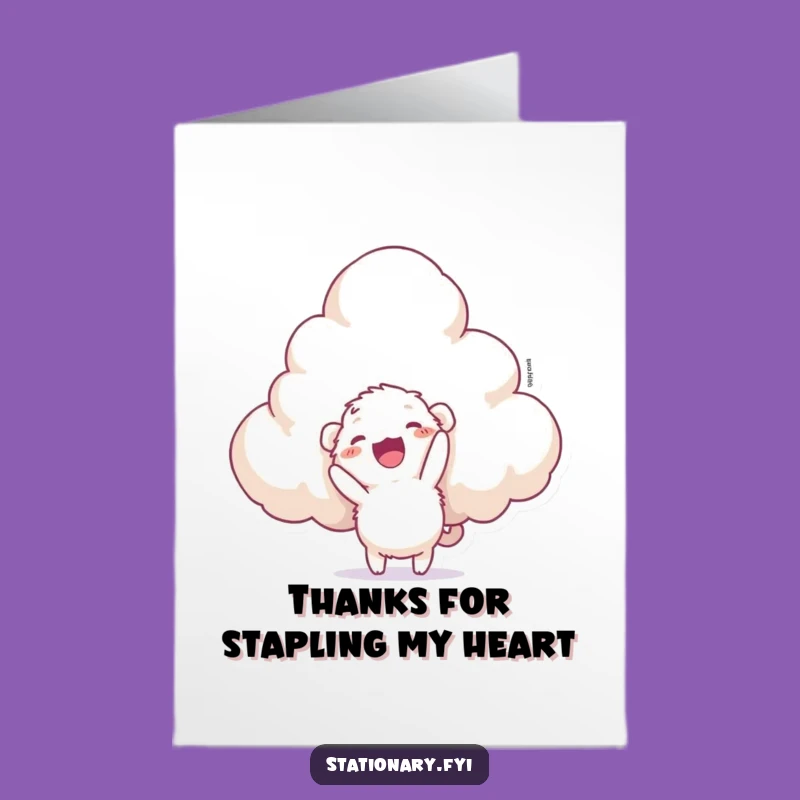 Free Printable Thank You Card: Fuzzy Creature Stapling Cloud, Humorous Gratitude Downloadable