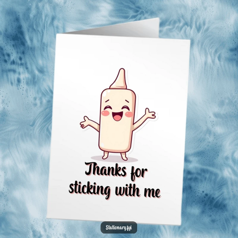 Funny Free Printable Thank You Card of a giggling glue stick spreading itself with joy and thanks.