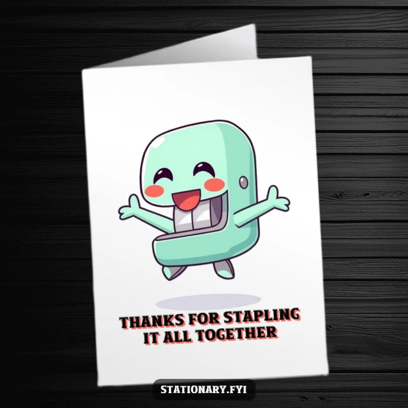 Funny Free Printable Thank You Card: A happy stapler character jumping with enthusiasm, conveying sincere thanks.