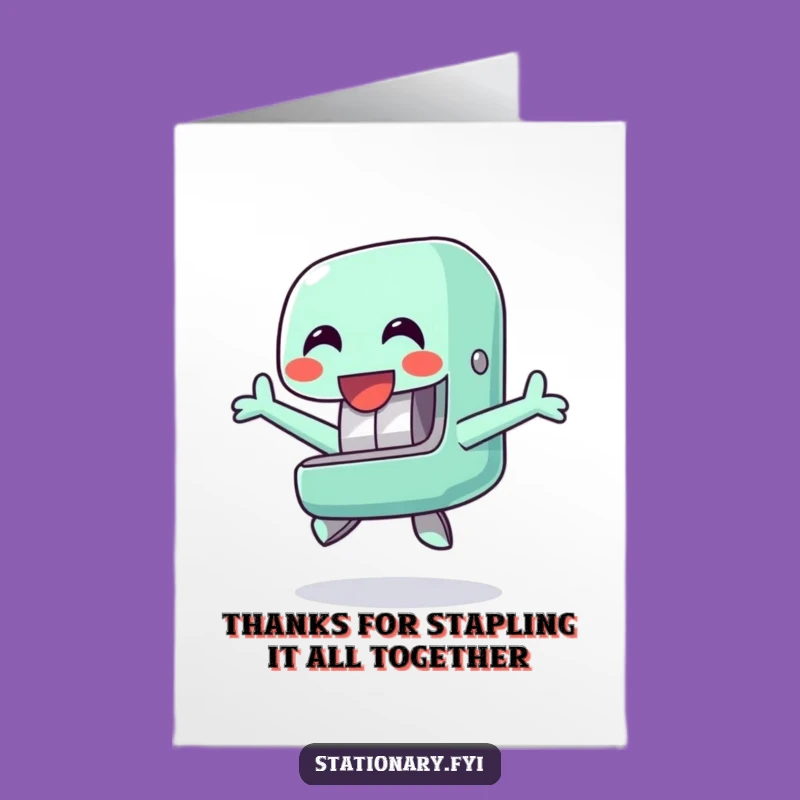 Free Printable Thank You Card: Happy Stapler Jumping Cheerfully Funny Downloadable Gift
