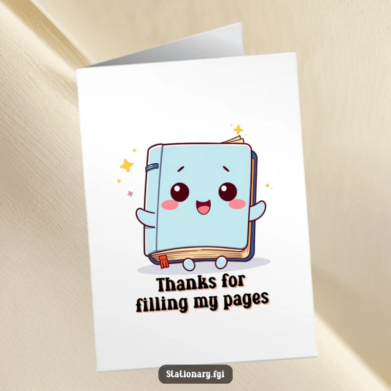 Funny Free Printable Thank You Card: A kawaii notebook character's pages flutter with joy, conveying humorous and heartfelt thanks.