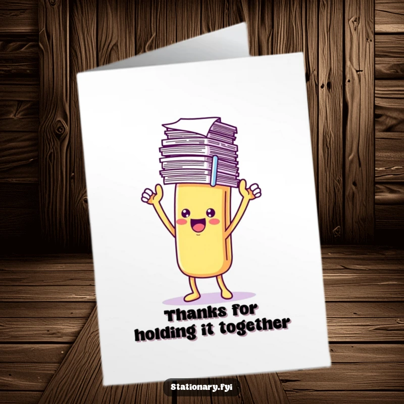 Funny Free Printable Thank You Card featuring a cheerful Kawaii paperclip character victoriously holding many papers, saying thanks.