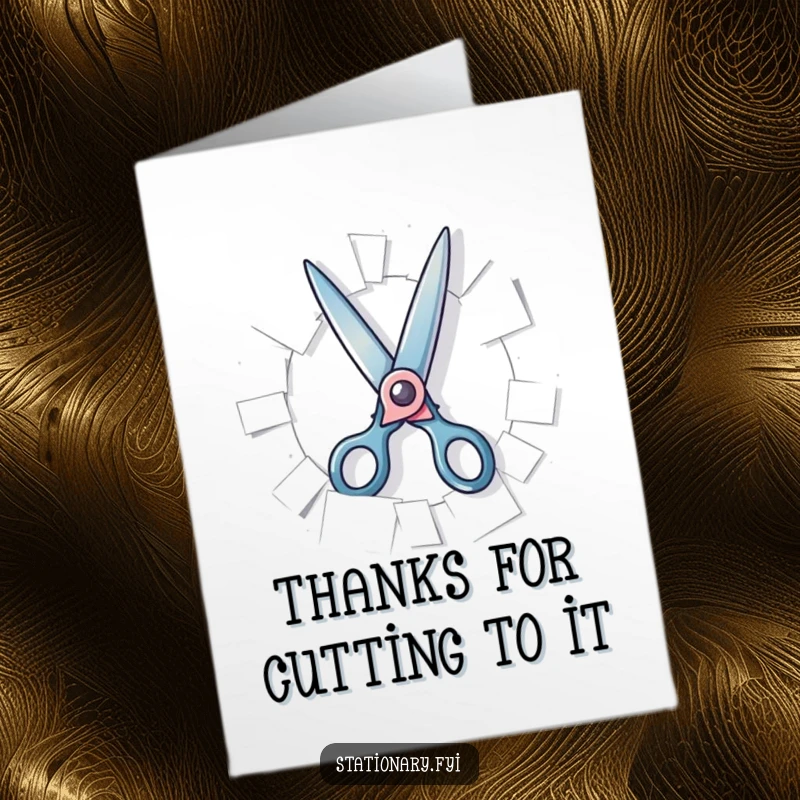 Funny Free Printable Thank You Card of happy scissors gleefully snipping paper with thanks.
