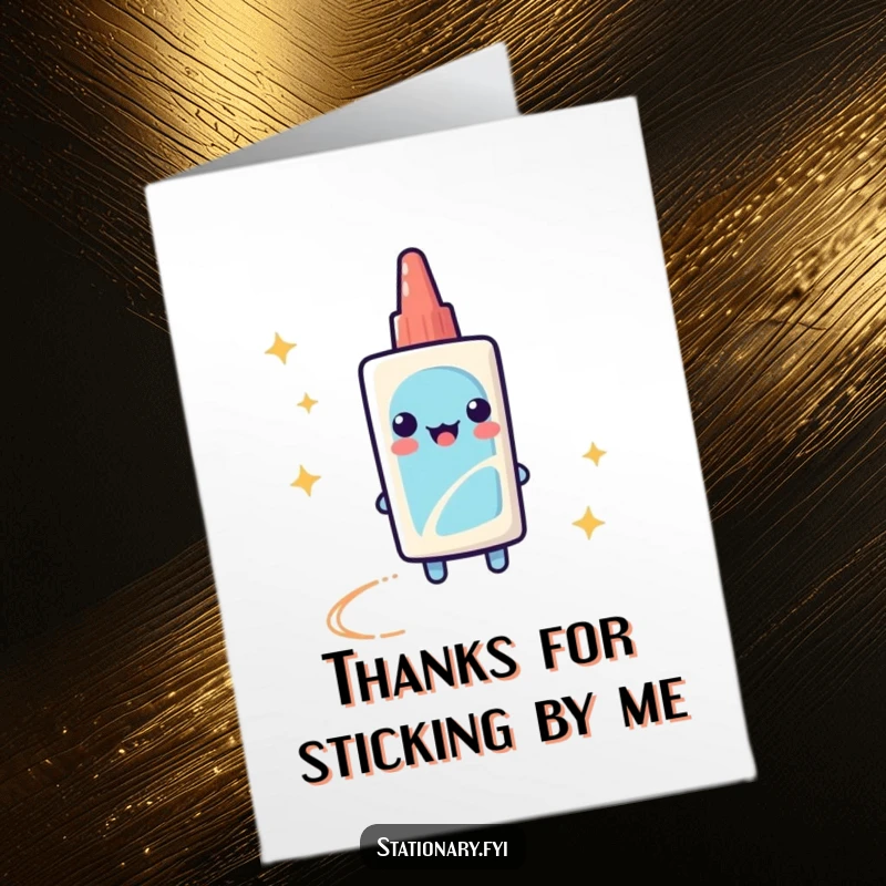 Funny Free Printable Thank You Card: A playful glue stick leaving a sparkly trail to express thanks.