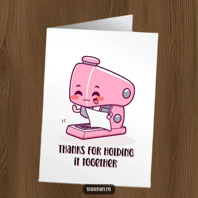 Funny Free Printable Thank You Card with a giddy stapler character enthusiastically zapping paper, showing thanks.