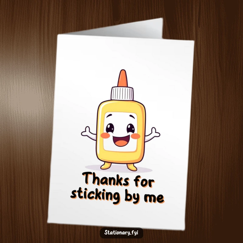 Funny Free Printable Thank You Card: A grinning glue bottle character performing a funny, sticky wobble to show thanks.