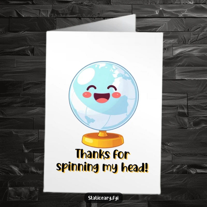 Funny Free Printable Thank You Card featuring a wobbly globe spinning with cheerful energy, conveying global gratitude.