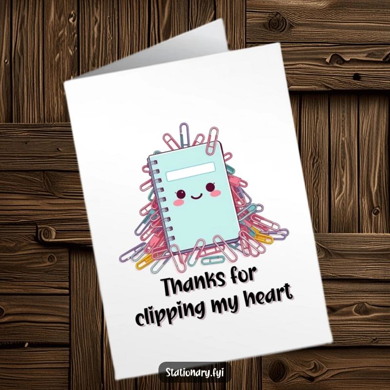 Funny free printable thank you card: A tiny notebook struggles under an avalanche of paperclips, a humorous take on busyness.